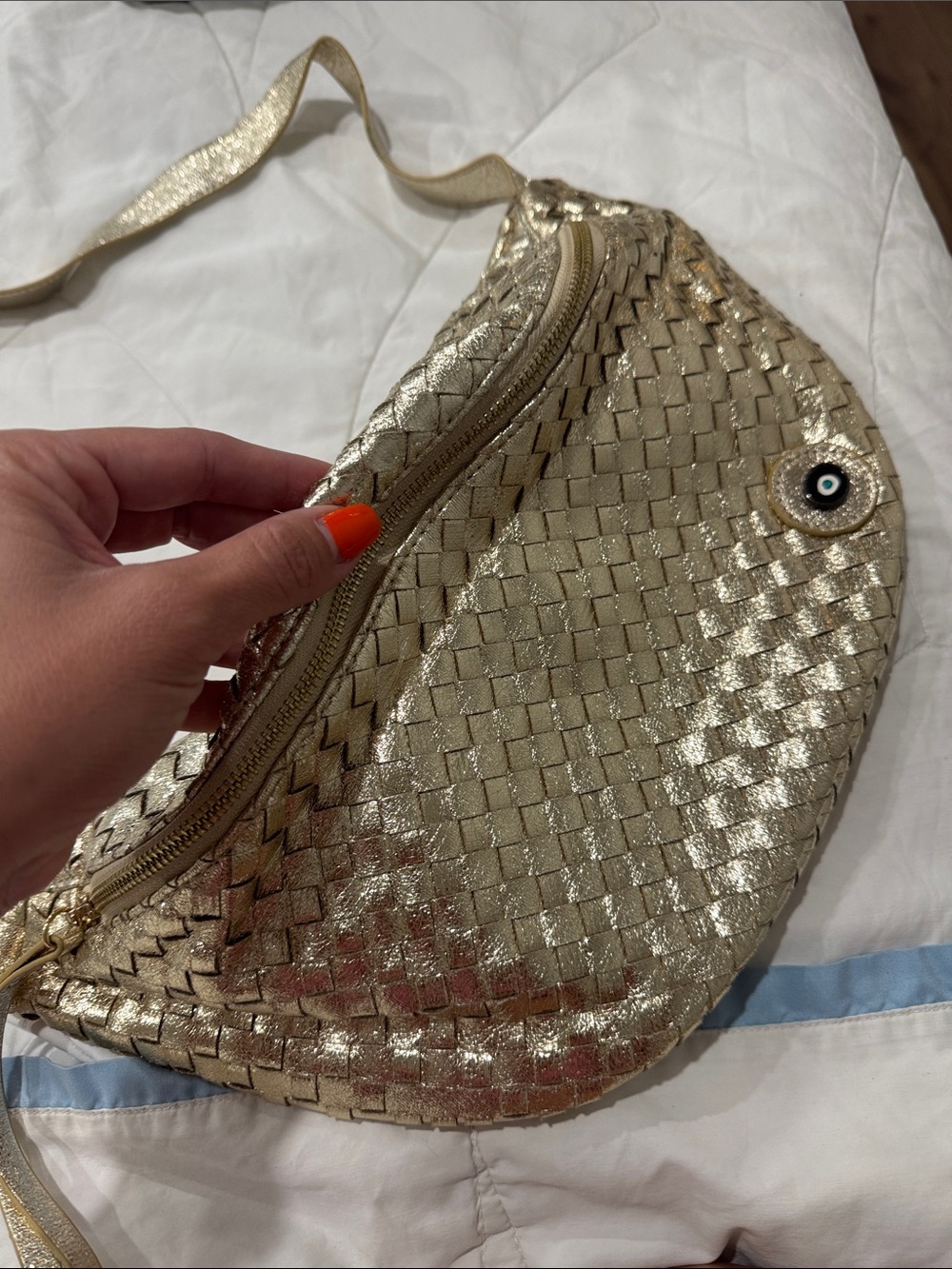 Woven Metallic Gold Crossbody Bag with Zip and Snap